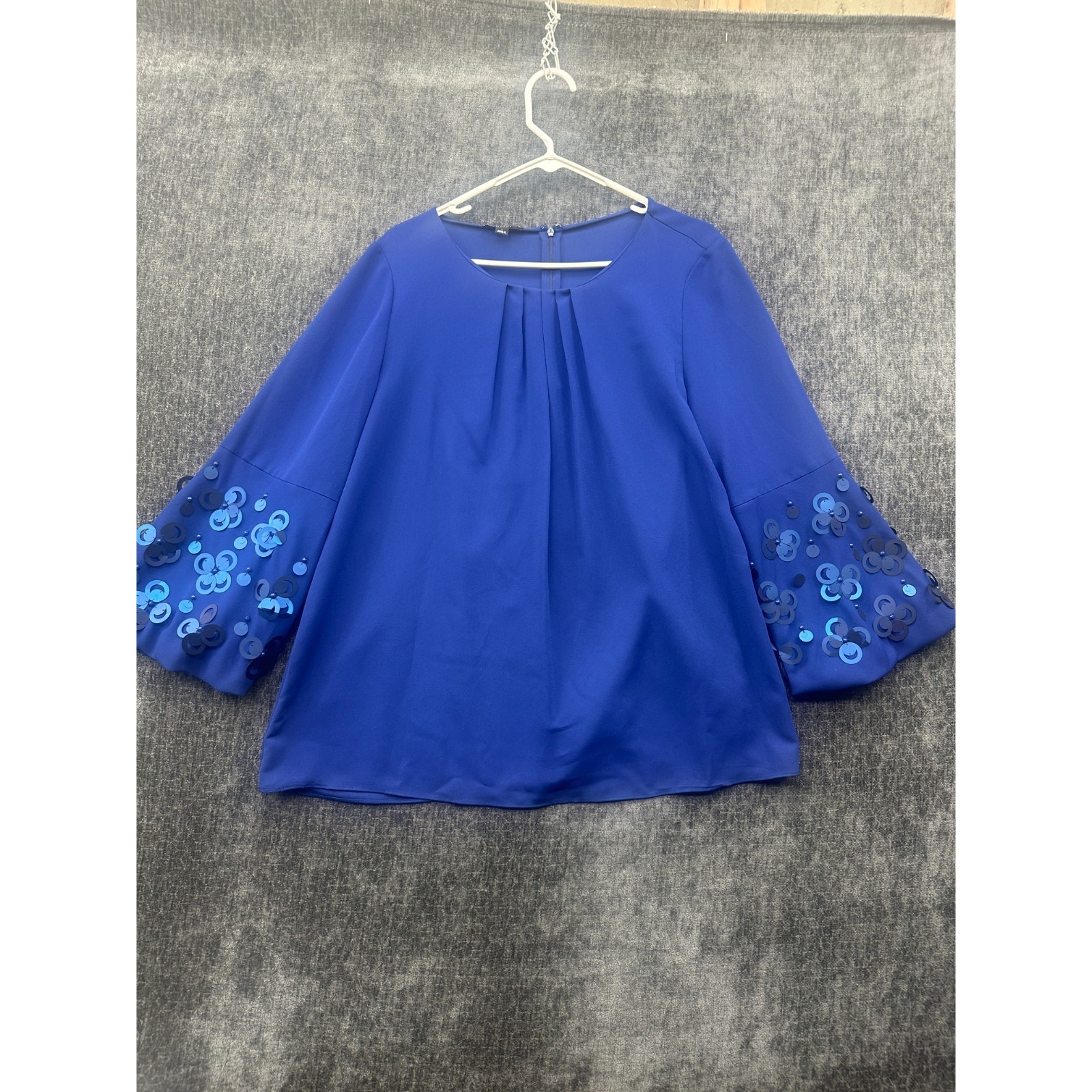 Alfani Tunic Top Womens Large Blue Sequin Pleated Bell Sleeve Back Zip Modern